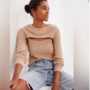 J. Crew Beige Cutout Cable-Knit Crewneck Sweater